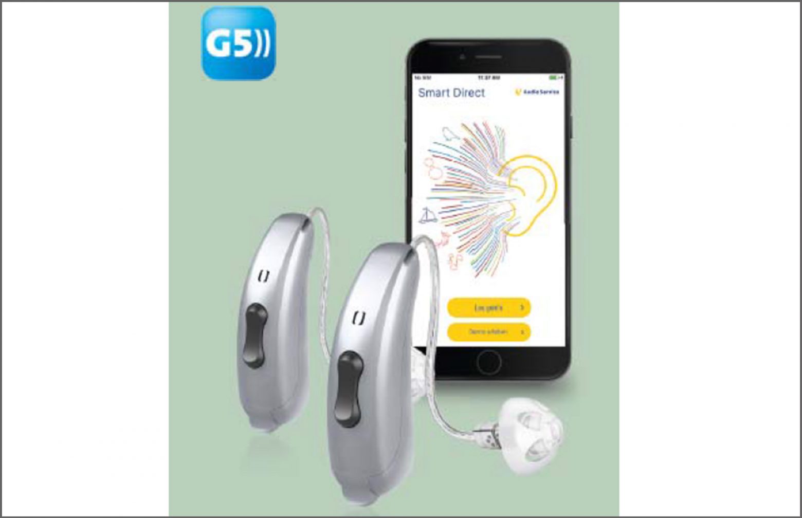 Audio Service hearing aids with Smartphone in the background