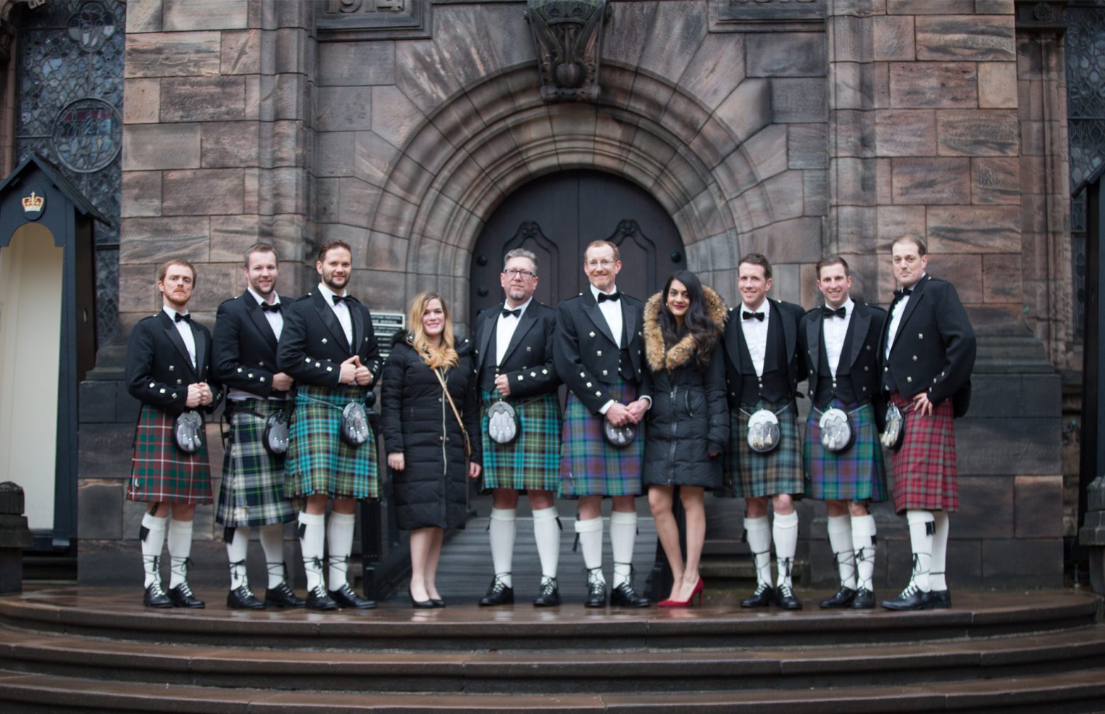 Participants of the Aspire Business Symposium in Scotland wearing the traditional kilts