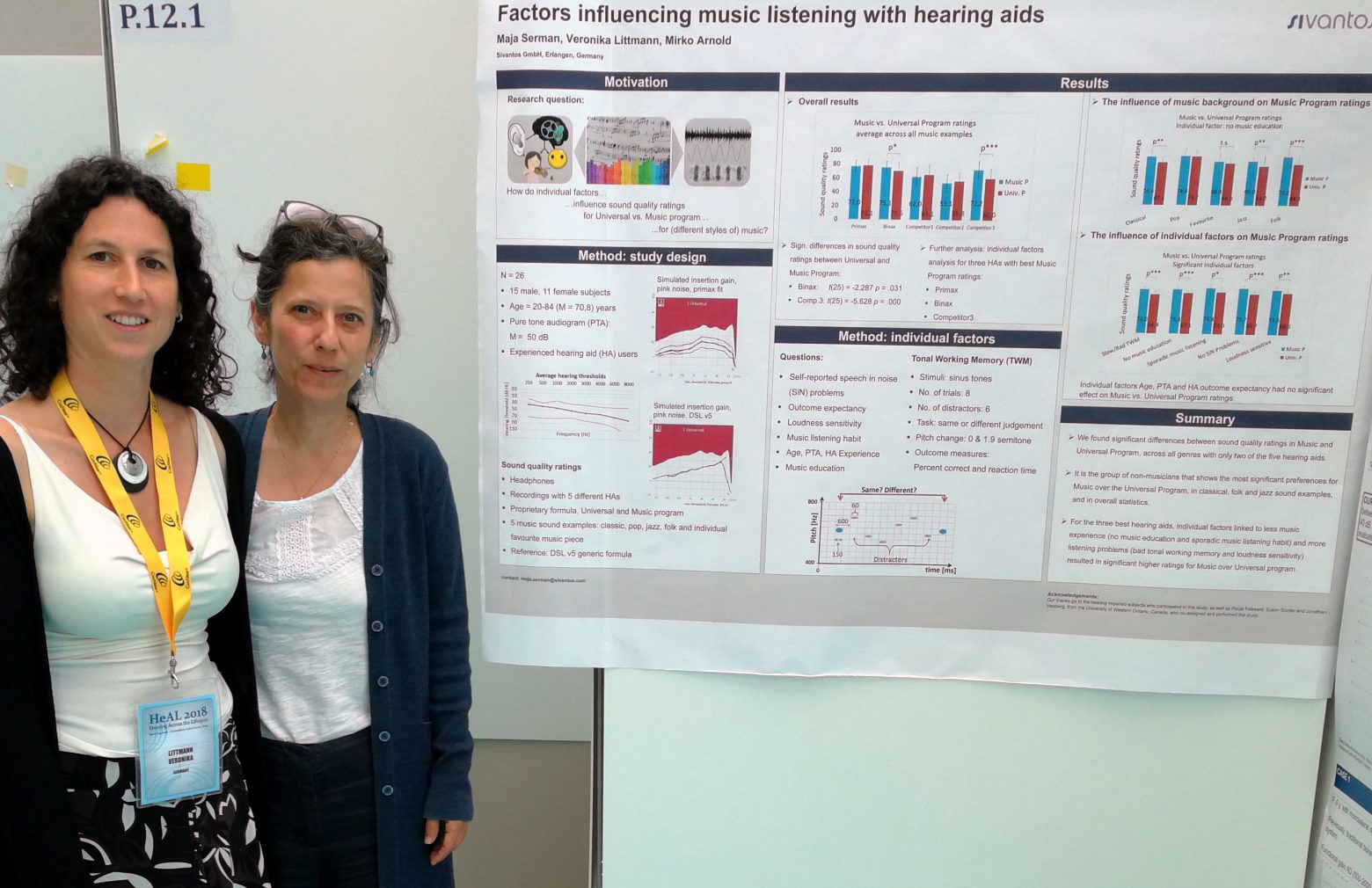 Two Sivantos audiologists with their research results as poster in the background